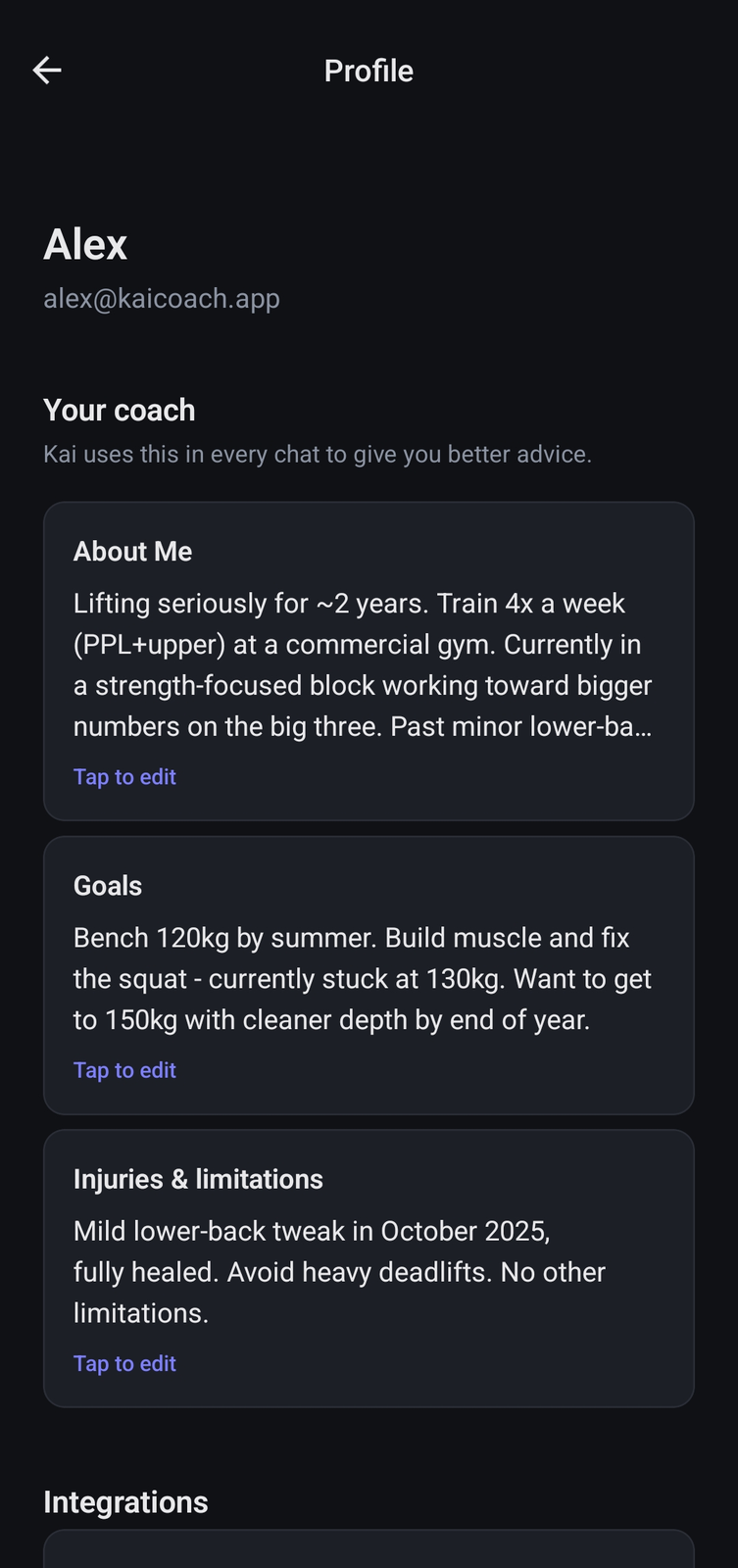 Profile screen with about-me, goals, and injuries that KAI uses for context