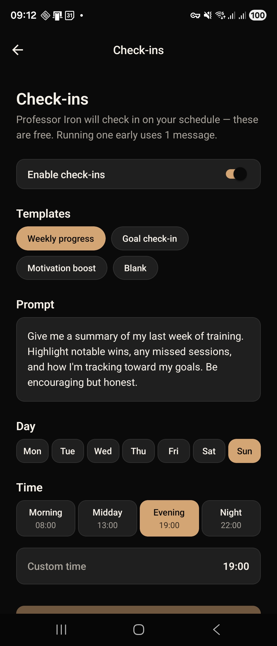 Check-ins screen with templates and time scheduling