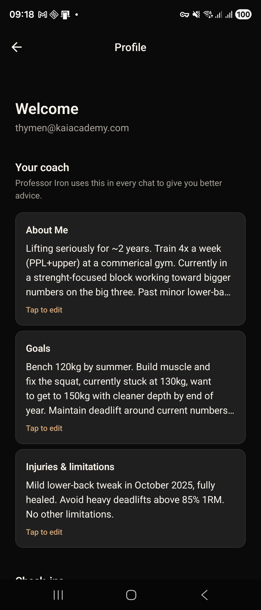 Profile screen with about-me, goals, and injuries that KAI uses for context